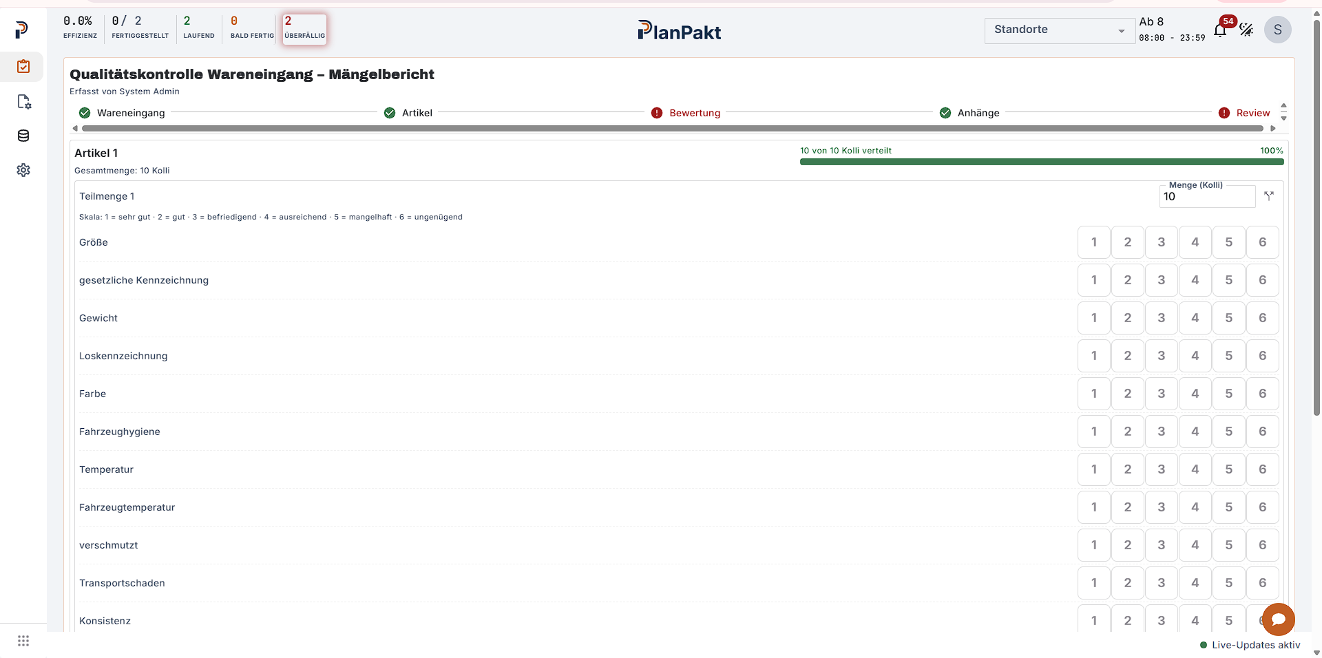 QM-Ansicht für Wareneingang und Mängelerfassung in PlanPakt